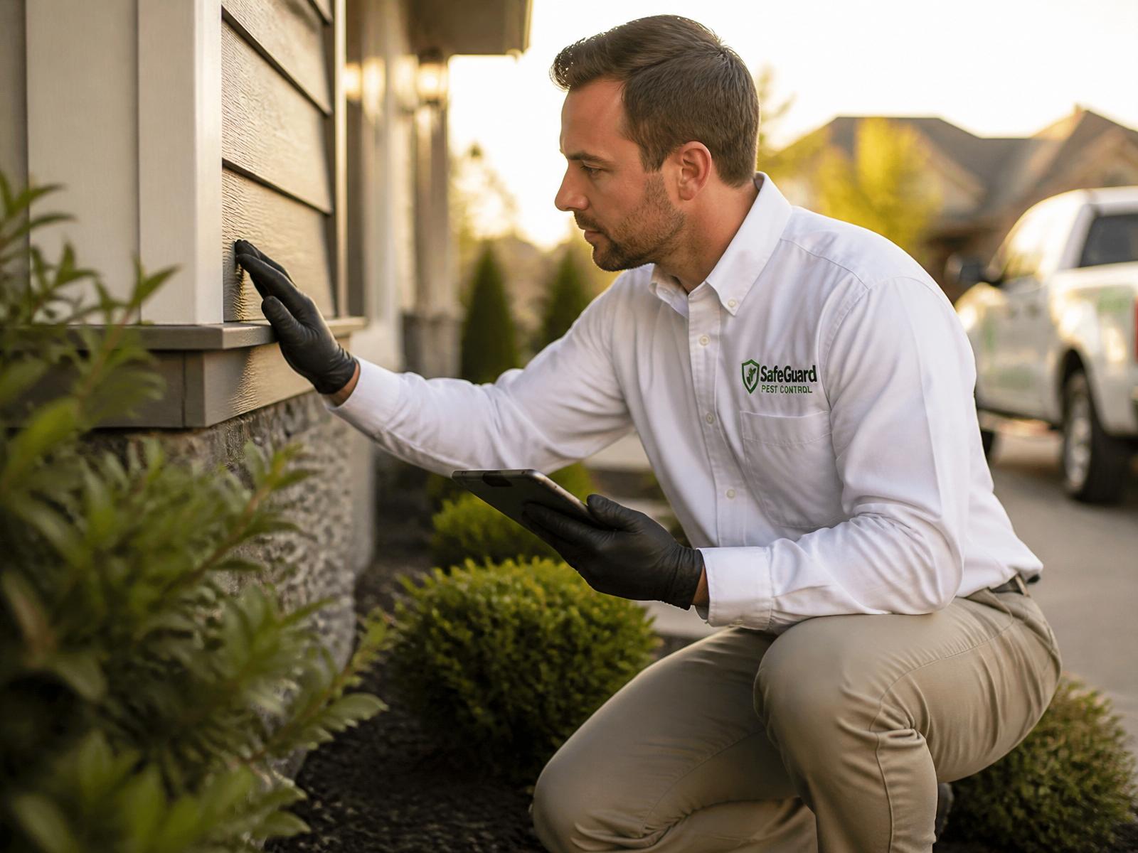 SafeGuard pest control technician inspecting a home exterior